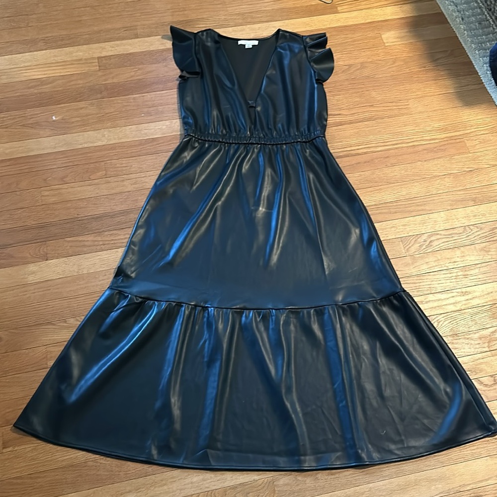 Fourteenth Place saffia flutter sleeve faux leather a line dress - Picture 5 of 8